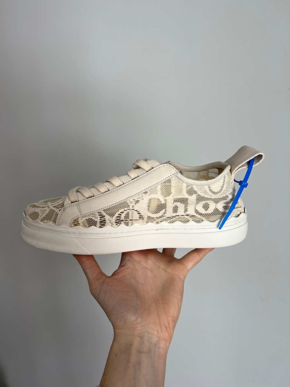 Worn 1x CHLOE Lauren lace mesh sneaker in light beige ecru romantic round toe 40 - Picture 12 of 16